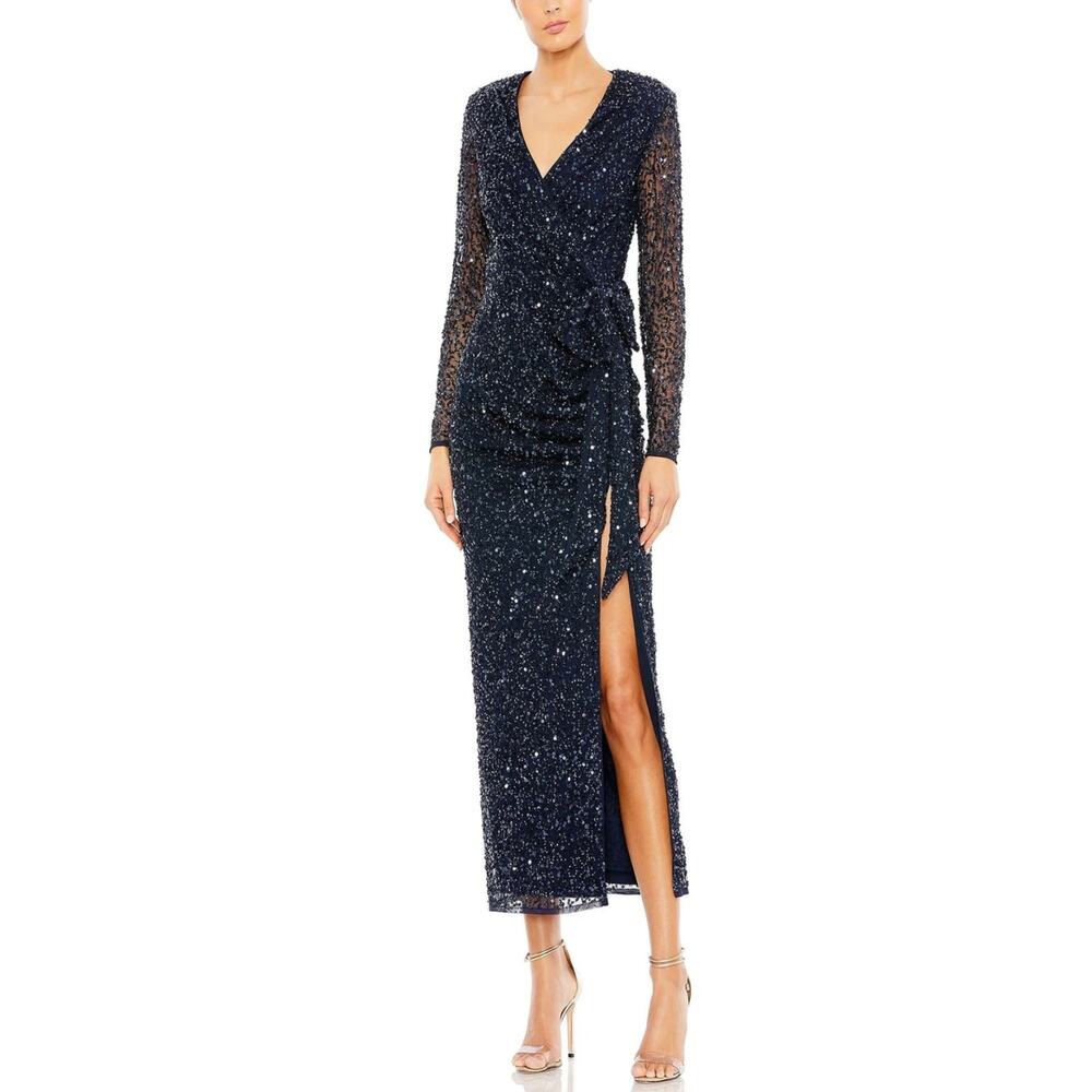 Mac Duggal 10558 Navy Blue Evening Column Gown Sequined Long Sleeve Dress Size 6